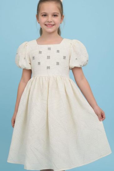 صورة فستان بيج نفاش كلاسيكي ولؤلؤ على الصدر